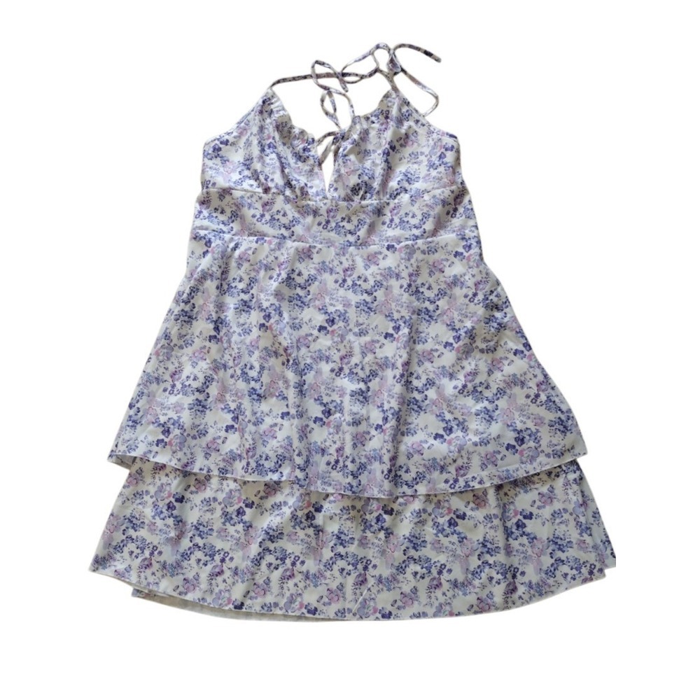 Shein Dress Woman's XXL White Lilac Halter Floral Boho A Line Layered Lined